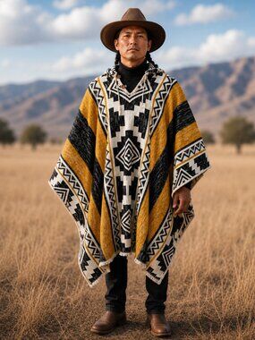 Handwoven Hooded 100% Andean Wool Poncho Unisex Pullover One Size Coat